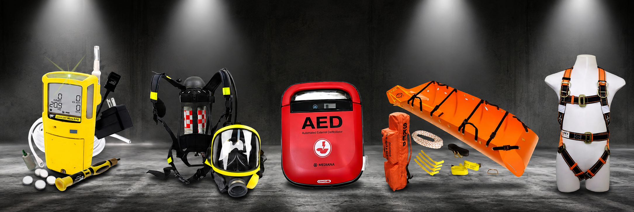 อุปกรณ์ความปลอดภัยและกู้ภัย: เครื่องวัดแก๊ส, SCBA, AED, เปล SKED, รอกกู้ภัย และ Full body harness
